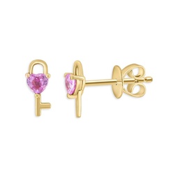 14K Yellow Gold & Pink Sapphire Heart Key Stud Earrings