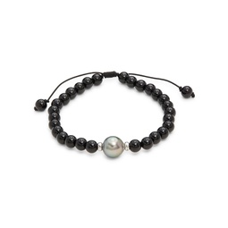 Sterling Silver 10MM Tahitian Pearl & Onyx Beaded Bracelet