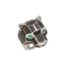 Sterling Silver, Emerald & Black Spinel Panther Ring