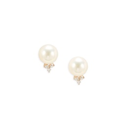 14K White Gold, Freshwater Pearl & Diamond Stud Earrings