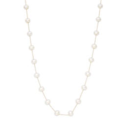 14K Yellow Gold, Diamond & 6MM-10MM Oval Pearl Station Necklace