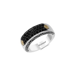 Black Sapphire, 18K Yellow Gold and Sterling Silver Pave Ring