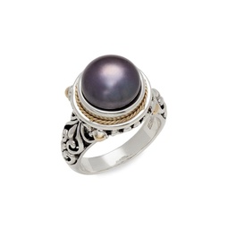 Sterling Silver, 18K Yellow Gold & 12MM Purple Freshwater Pearl Ring