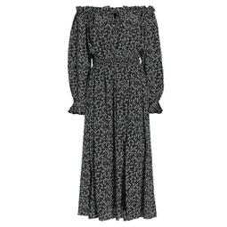 Night Floral Silk Off-The-Shoulder Midi-Dress