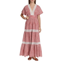 Lace Trimmed Tiered Eyelet Maxi Dress