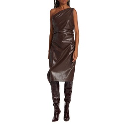 Vegan Leather One Shoulder Ruched Midi Dress