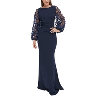 Womens 3D Floral-Sleeve Boat-Neck Gown