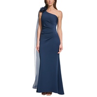 Womens Rosette-Trim Draped One-Shoulder Gown