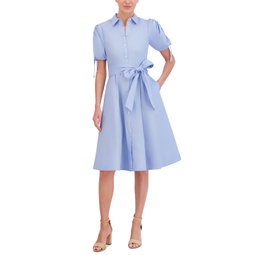 Womens Cotton Tie-Waist Bubble-Sleeve Shirtdress