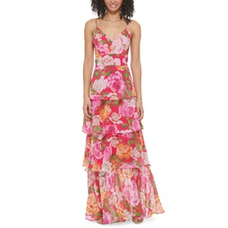 Womens Floral-Print V-Neck Tiered Gown