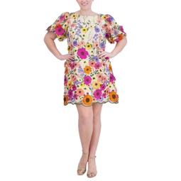 Plus Size 3D Embroidered-Florals Puff-Sleeve Dress