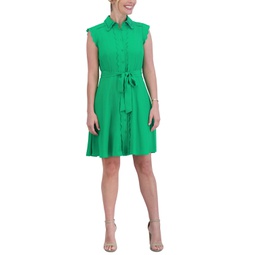 Womens Scallop-Trim Tie-Waist Collared Shirtdress