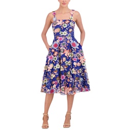 Womens Floral-Embroidered Midi Dress