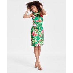 Womens Twist-Front Floral Stretch Satin Dress