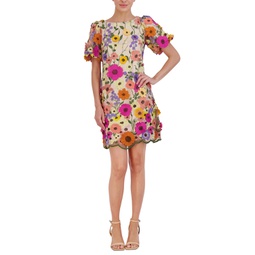 Petite 3D-Floral Puff-Sleeve Mini Dress