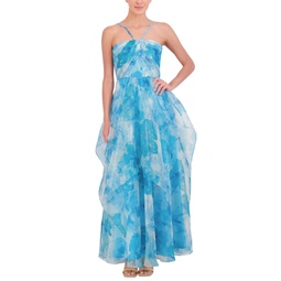 Womens Printed Pleated Ruffled Gown