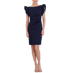 Womens Ruffled-Sleeve Sheath Dress