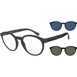 Emporio Armani Mens EA4152 Prescription Eyewear Frames with Two Interchangeable Sun Clip-Ons Round, Matte Black/Clear/Dark Blue/Dark Green, 52 mm