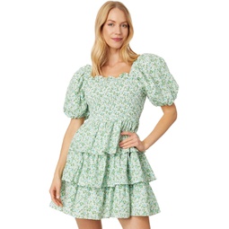 English Factory Crinkled Floral Linen Smocked Tiered Mini Dress