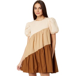 Womens English Factory Asymmetrical Color-Block Puff Sleeve Dress