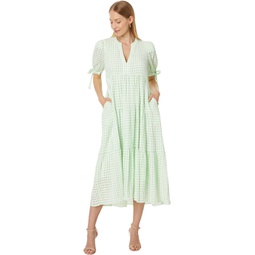 Womens English Factory Gingham Tiered Midi Dress with Bow Tie Sleeves