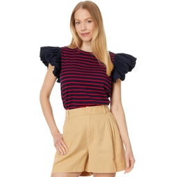 English Factory Stripe Knit with Poplin Puff Sleeve Top