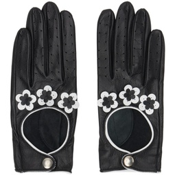 Black & White Floral Leather Gloves 241600F012002