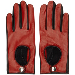 Red & Black Contrast Leather Driving Gloves 241600F012000
