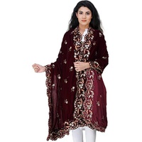Exotic India Velvet Dupatta from Amritsar with Embroidered Flowers and Sequins - Velvet