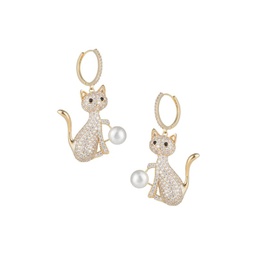 Luxe 18K Goldplated, 2MM Shell Pearl & Cubic Zirconia Kitty Hoop-Drop Earrings