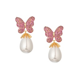 Luxe Brass, Cubic Zirconia & Glass Pearl Butterfly Drop Earrings