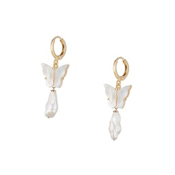 Manon Goldtone & Shell Pearl Butterfly Huggies Earrings