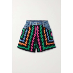 FARM RIO Crochet-paneled denim shorts
