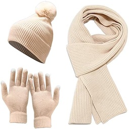 Women Girls Knit Beanie Hat Scarf and Gloves Set, Winter Soft Warm Thick Fleece Lined Knit Hat with Pompom, Gloves and Scarf