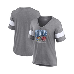 Womens Heathered Gray Kansas Jayhawks 2022 NCAA Mens Basketball National Champions Press Vintage-Like V-Neck T-shirt