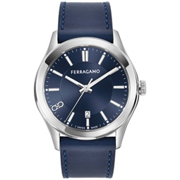 Salvatore Mens Swiss Classic Blue Leather Strap Watch 42mm