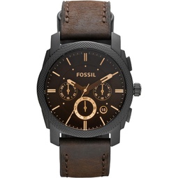 Fossil Mens Machine Quartz Stainless Steel and Leather Chronograph Watch, Color: Black, Dark Brown (Model: FS4656)