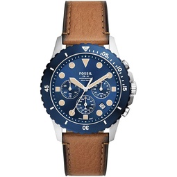 Fossil Mens FB-01 Chrono Quartz Stainless Steel and Leather Chronograph Watch, Color: Blue/Silver, Sand (Model: FS5914)