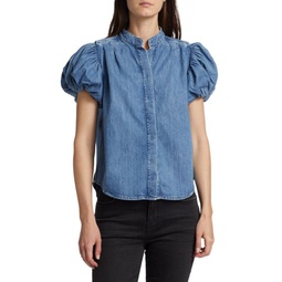 Chambray Pleated Puff Sleeve Top