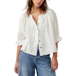 Womens Lucy Cotton Button-Front Swing Blouse