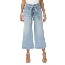Womens Belted High-Rise Cropped Wide-Leg Jeans