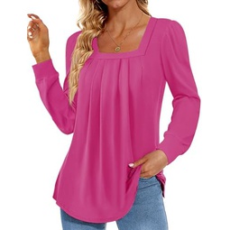 Funlingo 2023 Womens Long Sleeve Tops Dressy Pleated Square Neck Tunic Blouses Casual Loose Shirts