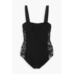 Glass guipure lace-trimmed wool and silk-blend bodysuit