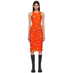 Orange Printed Ruched Midi Dress 231144F054020