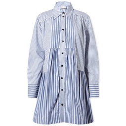 GANNI Stripe Cotton Wide Mini Shirt Dress Gray Blue