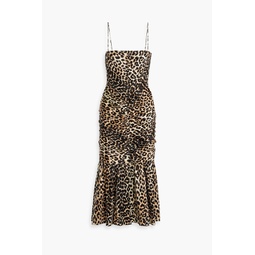 Ruched leopard-print silk-blend satin midi dress