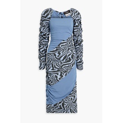 Ruched printed cotton-poplin and jersey midi dress