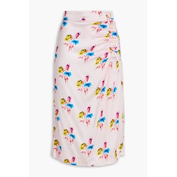 Ruched floral-print silk-blend satin midi wrap skirt