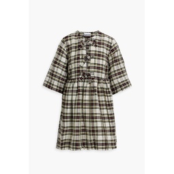 Gathered checked linen and silk-blend mini dress