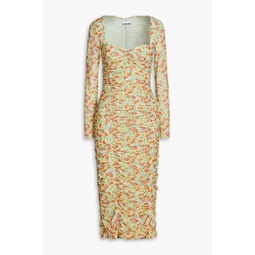 Ruched floral-print stretch-mesh midi dress